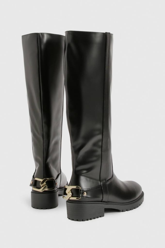 boohoo Dames Hardware-detail kniehoge bikerlaarzen | Zwart | Maat: 36