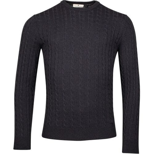Thomas Maine Trui Wool Cashmere Crew Neck Cable Whole Garment Knit Navy / male