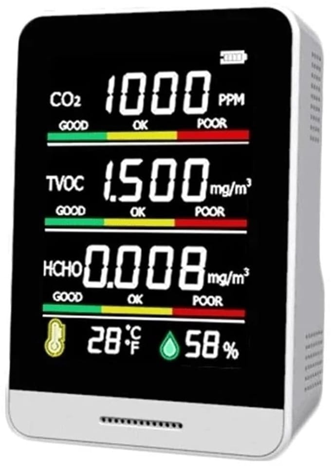 Luchtkwaliteitsmeter - CO2 meter temperatuur - Binnenlucht meten - 5-in-1 Sensor Tester - Digitaal LCD scherm