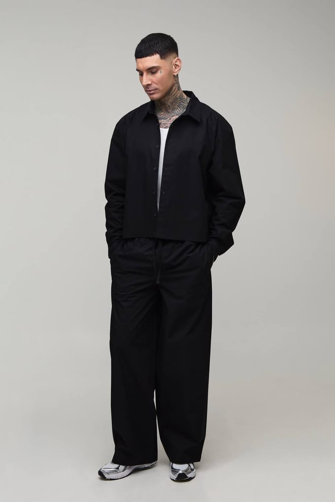 Tall Cropped Boxy Oversized Shirt & Baggy Trouser Set | Black | Size Medium