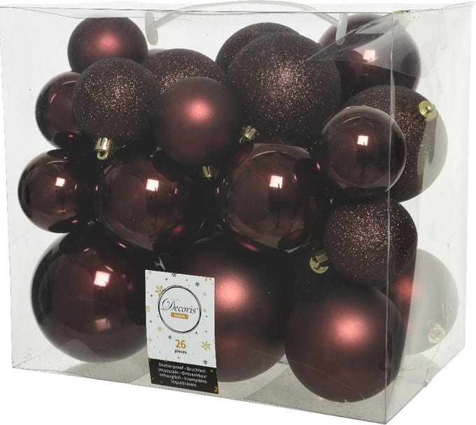Decoris Kerstballen - 26x st - mahonie bruin - 6-8-10 cm - kunststof - kerstversiering