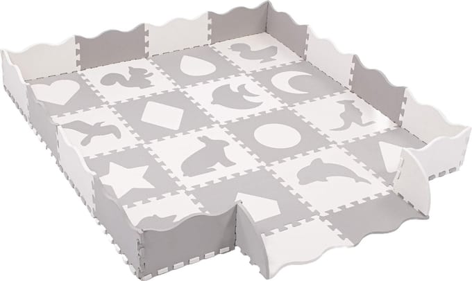 Springos Speelmat | Speelmat Foam | Puzzelmat | Figuren | Dieren | 16 Puzzelstukken | Crème/Grijs | 150 x 150 cm