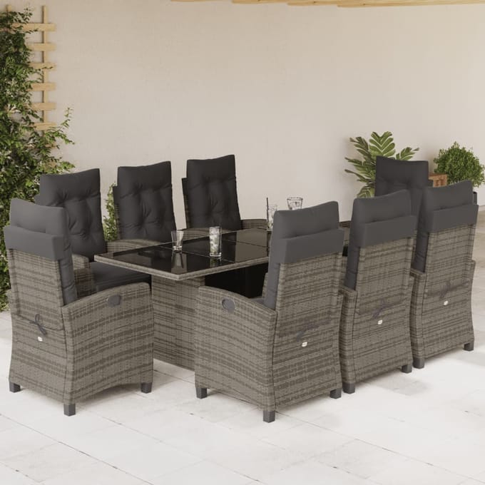 vidaXL - 9-delige - Tuinset - met - kussens - poly - rattan - grijs