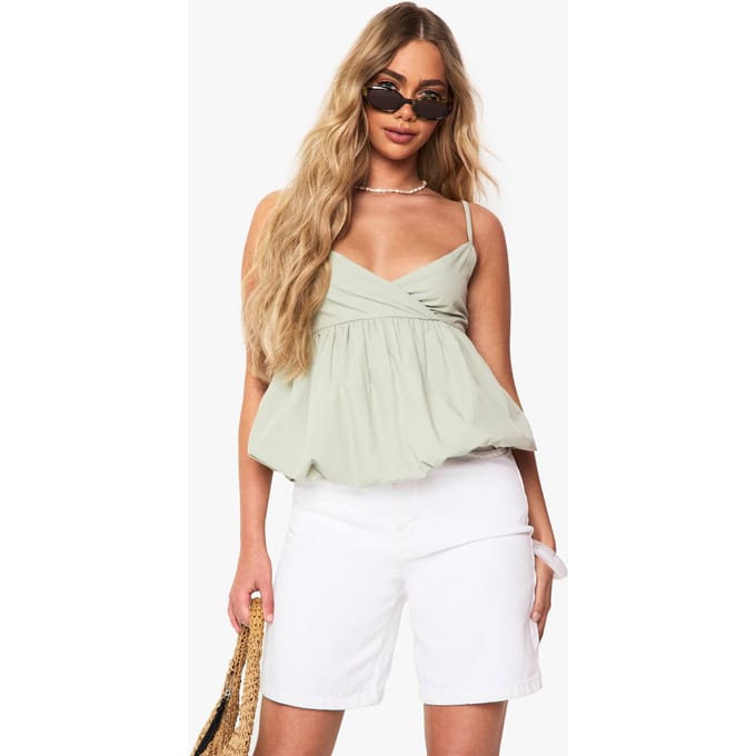 boohoo Dames Puffball Poplin Cami | Sage | Maat: 12