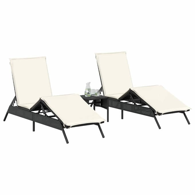 vidaXL - Ligstoelen - 2 - st - met - kussens - poly - rattan - zwart