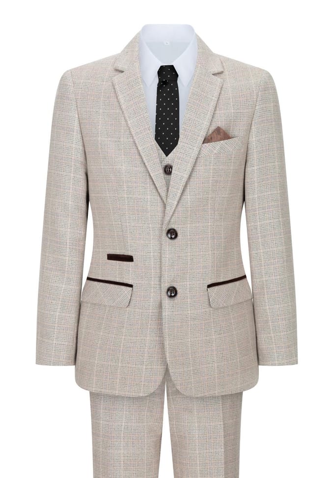 3-delig beige tweed geruit vintage retro pak voor jongens
