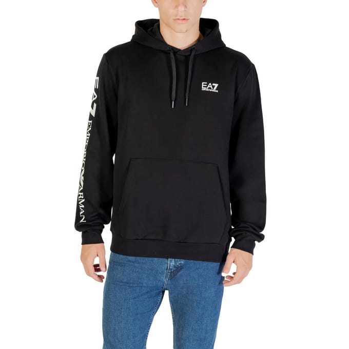 Printed Hooded Sweatshirt with Outside Pocket - Black
