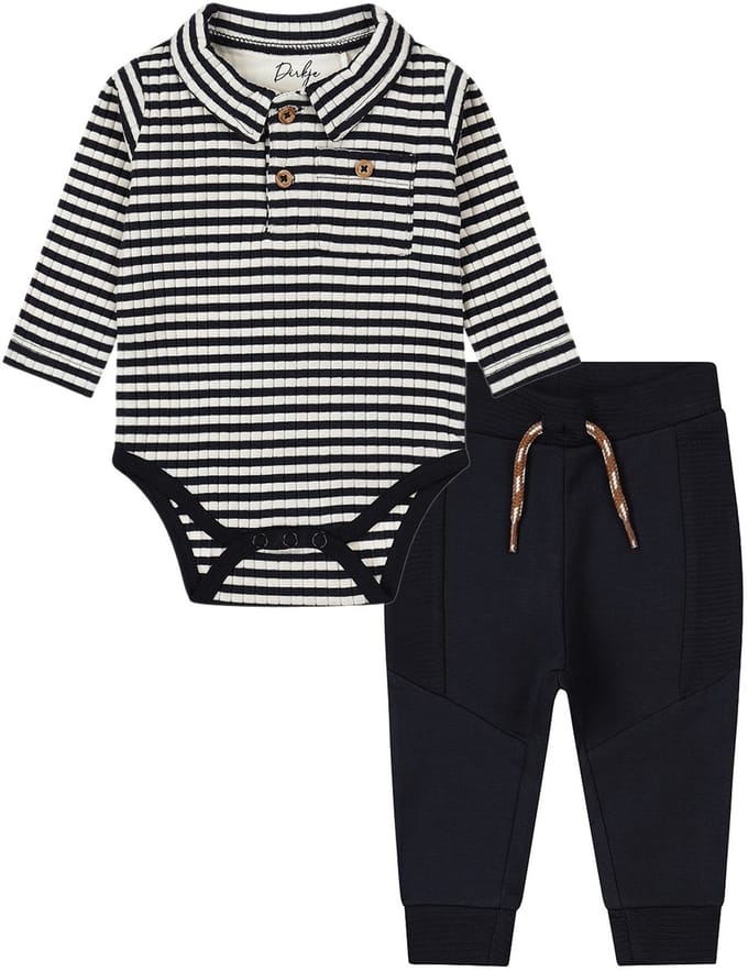 Dirkje - Basic Collection - BIO COTTON - Broekje jogging Navy met koord - Romper Shirt gestreept - Maat 80
