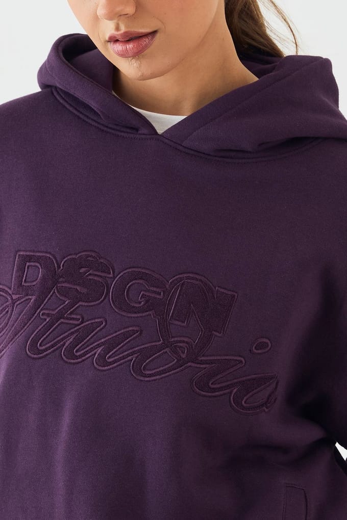 Dames DSGN Studio Badstof Applique Oversized Hoodie | Aubergine | Maat: Medium