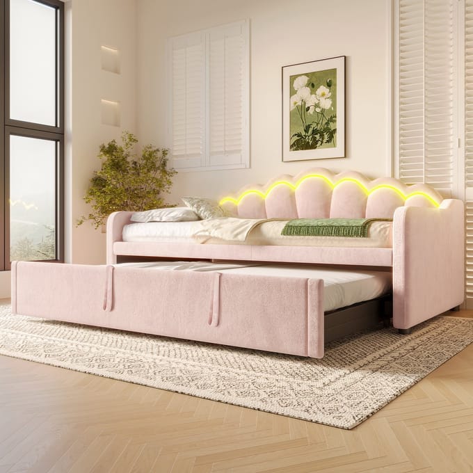 Slaapbank - 90x200/180x200 cm - met Uitschuifbed en LED - Fluweel - Roze