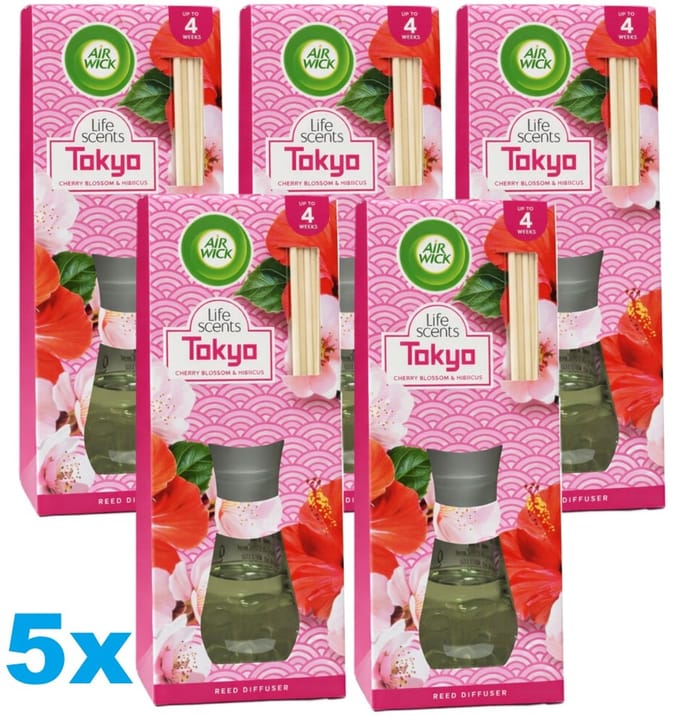 Air Wick Essentials Geurstokjes Tokyo - Cherry, Blossom & Hibiscus - 5 x 25 ml - 5 Stuks