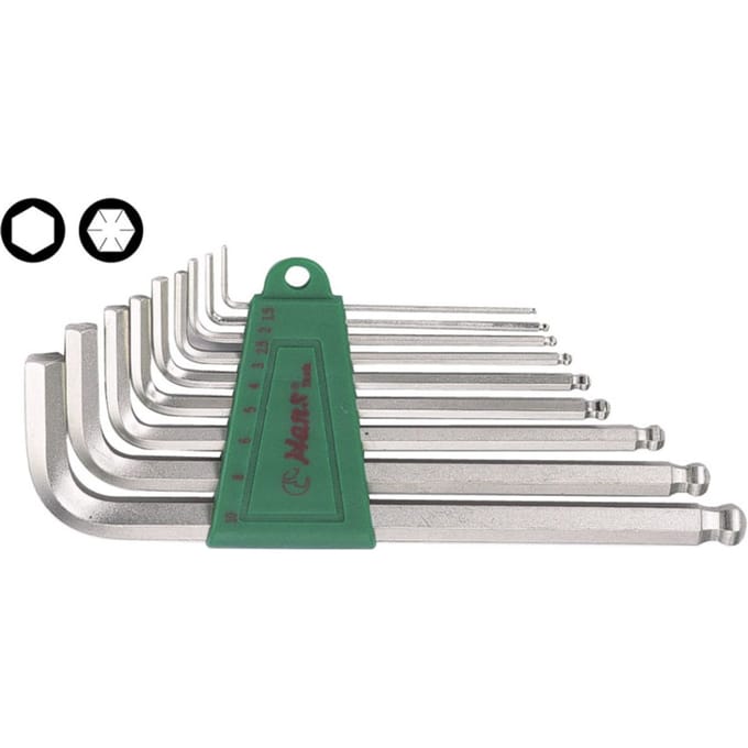 Zeskant stiftdoppenset HEX HANS 9 stuks (1,5 mm - 10 mm) met kogelkop