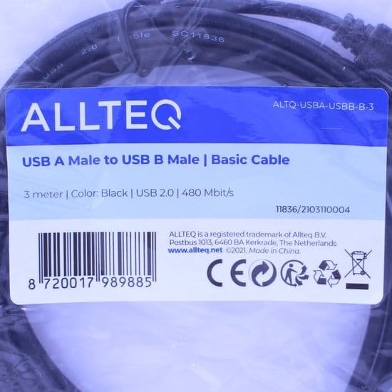 USB A naar USB B kabel - USB 2.0 - Printerkabel - 3 meter - Zwart - Allteq