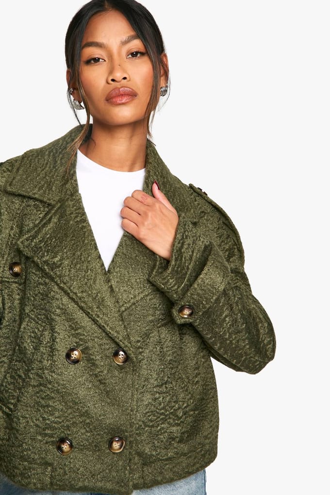 boohoo Dames Textured Wool Look Double Breast Jacket | Khaki | Maat: 12