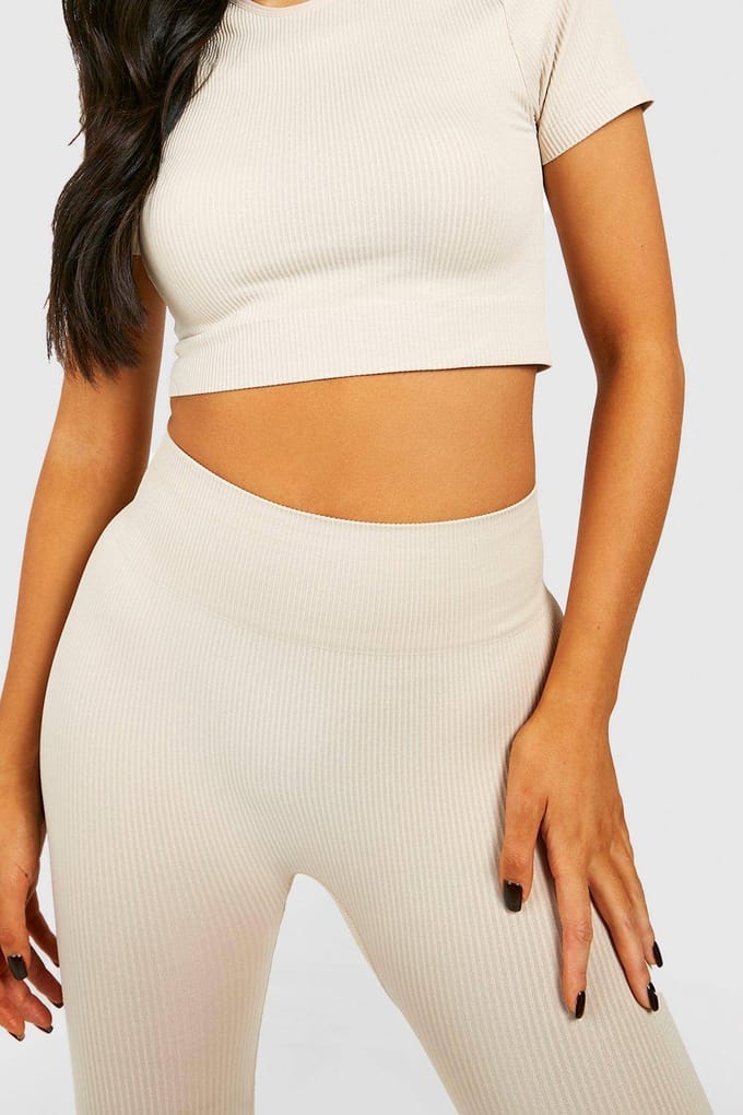 boohoo Dames Petite naadloze rib leggings | Steen | Maat: Large