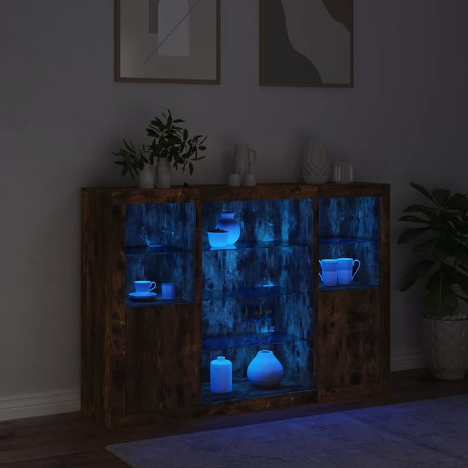 vidaXL - Dressoirs - met - LED-verlichting - 3 - st - bewerkt - hout - gerookt - eiken