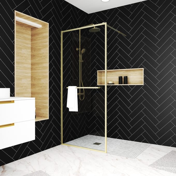 Aurlane Inloopdouche Golden Edge Shelf 90x200cm - Goud Profiel - 6 Mm Helder Glas