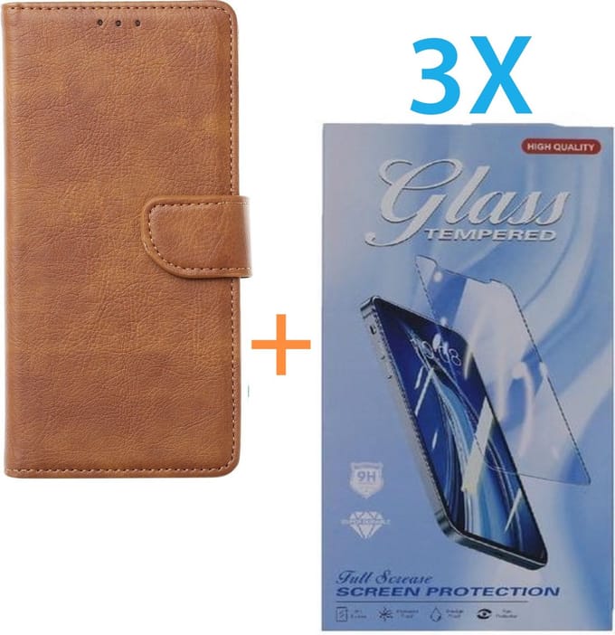 Bookcase Geschikt voor: Apple iPhone 14 Plus - Lichtbruin - portemonnee hoesje - + 3X Tempered Glass Screenprotector