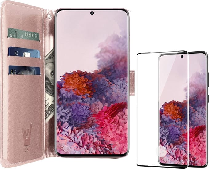Hoesje geschikt voor Samsung Galaxy S20 - Screen Protector FullGuard - Book Case Kunstleer Pasjeshouder Rosegoud & Screenprotector