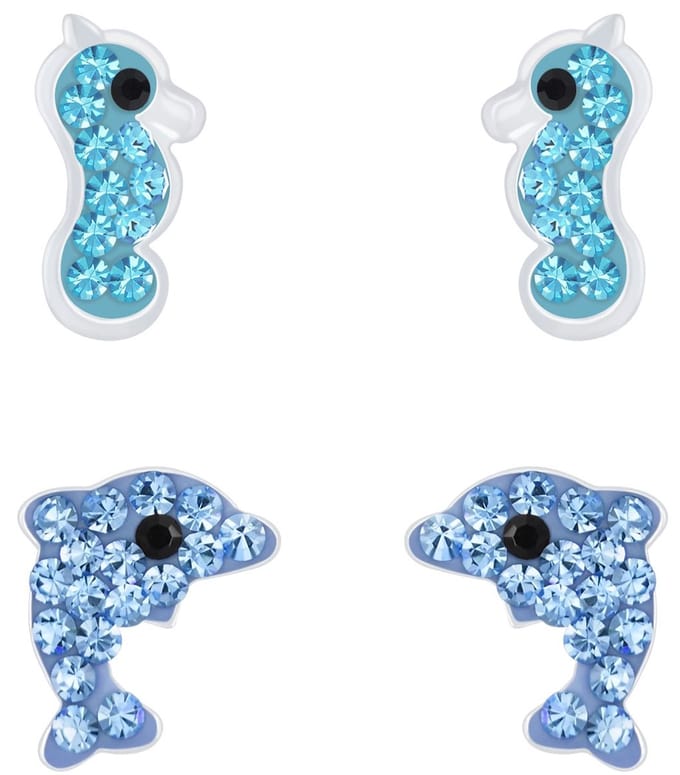 Joy|S - Zilveren dolfijn oorbellen set - 2 paar - blauw - dolfijn - zeepaardje