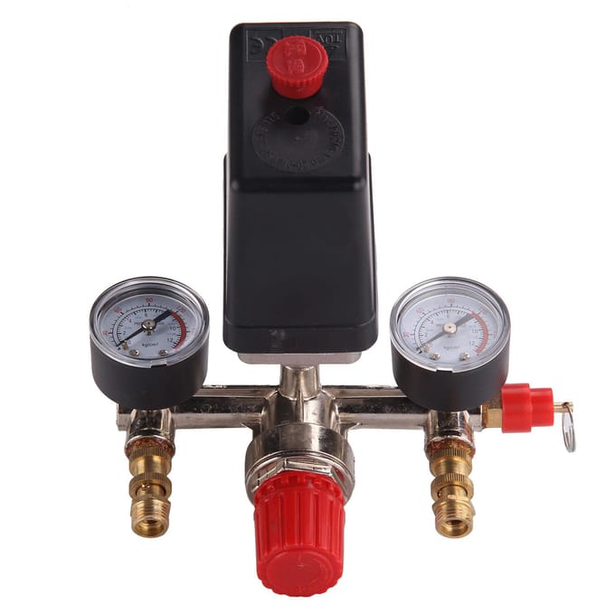 230V Drukschakelaar Luchtklep Inlaatspruitstuk Compressor Regelaar Meter Set Red & Gold & Black