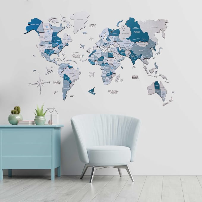 Houten Wereldkaart 3D - Aqua - M (100 x 60 cm)
