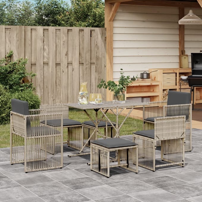 vidaXL - 7-delige - Tuinset - met - kussens - poly - rattan - grijs
