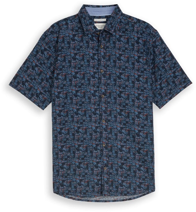Tom Tailor - Regular fit overhemd met korte mouwen en linnen - Maat XXXL - blue palm tree design