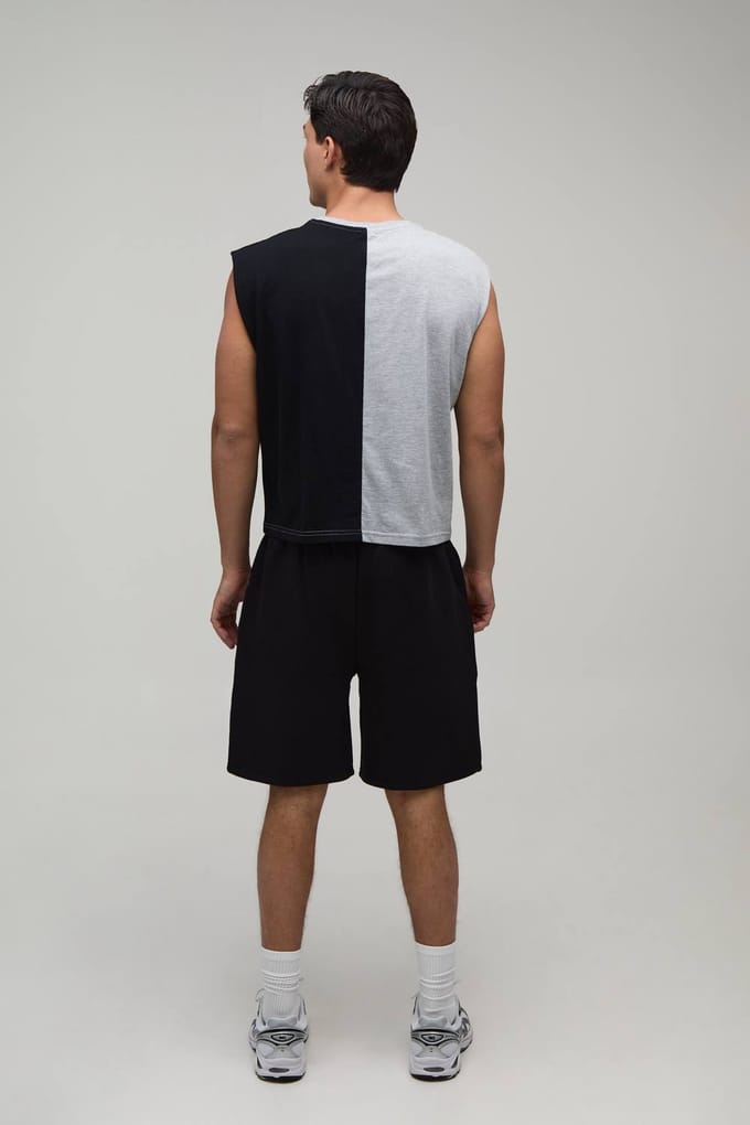Boxy Length Spliced Homme Applique Tank & Baggy Short Set | Grey Marl | Size Medium