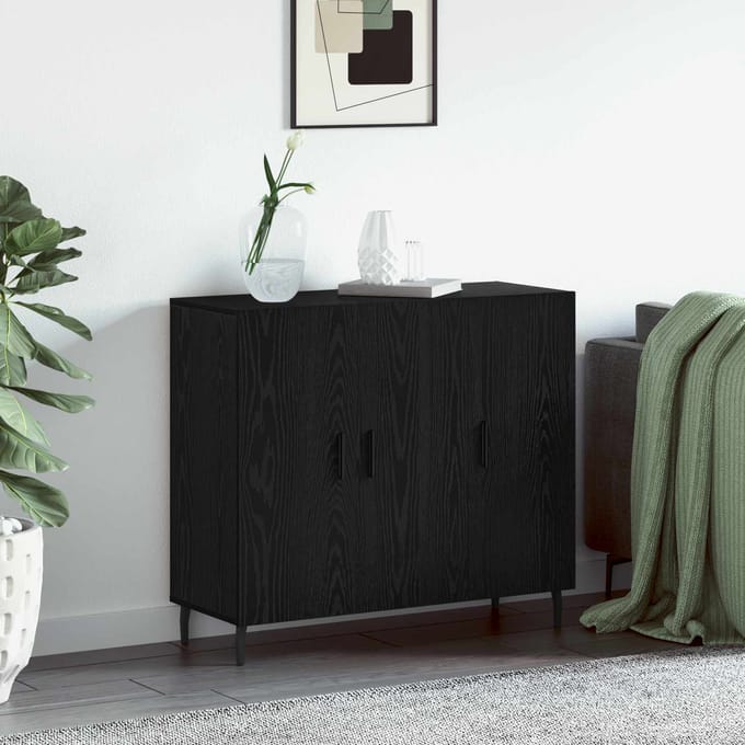 vidaXL - Dressoir - Zwart - Eiken - 90 - x - 34 - x - 80 - cm - Bewerkt - hout