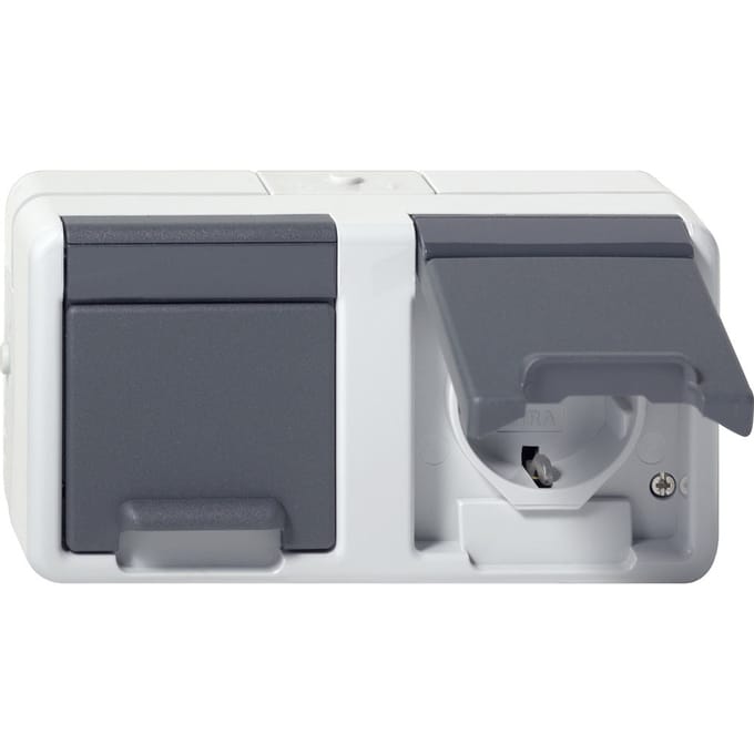 Gira Dubbele Schuko Stopcontact Met Scharnierende Afdekking IP44 Grijs - 478130 - E3YXM