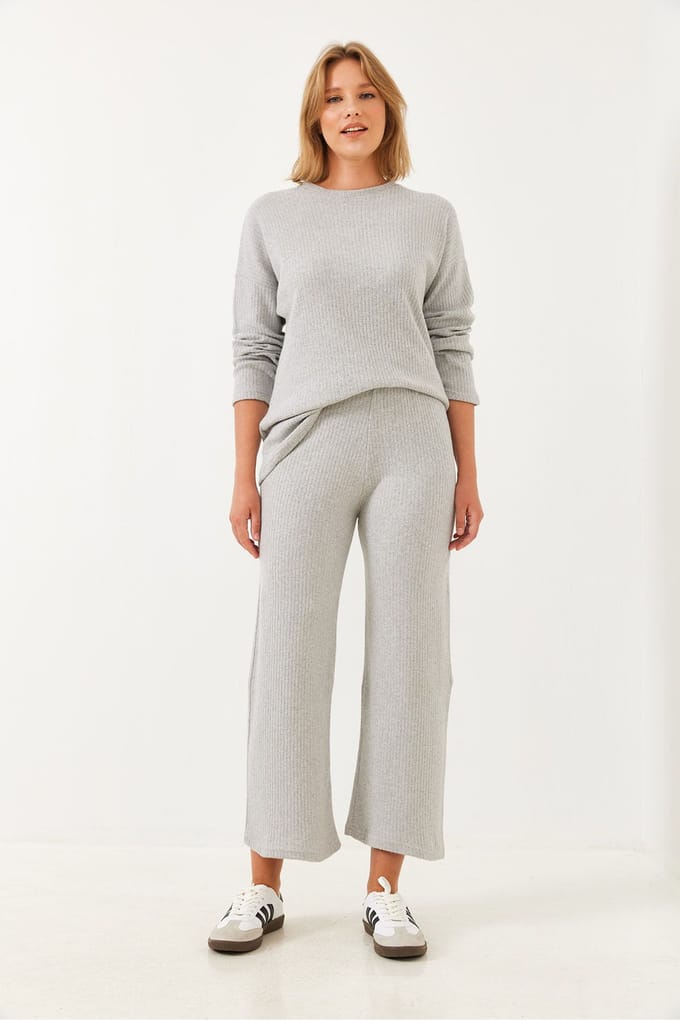 Geribbelde Textuur Crew Neck Trui en Broek Set