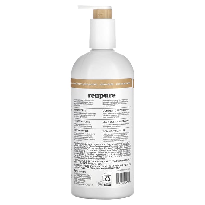 Renpure, Lotion corporelle hydratante, lait de coco et vitamine E, 24 fl oz (710 ml) white