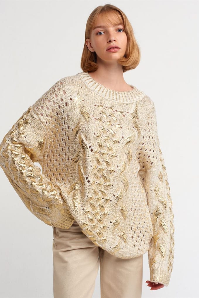Overmatige Kabelgebreide Crew Neck Sweater