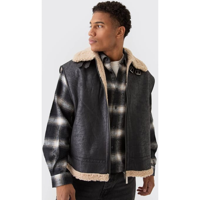 Oversized Faux Suède Aviator Bodywarmer Jas In Zwart | Black | Size Medium