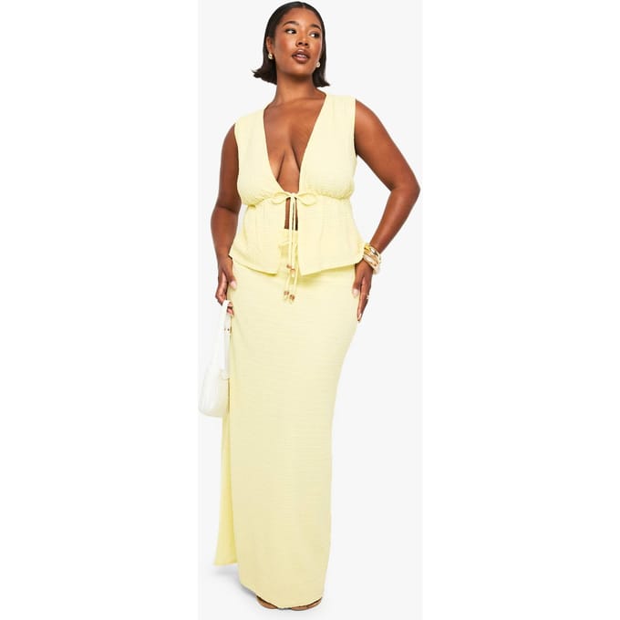 boohoo Dames Maxirok met kralen, textuur en trekkoord | Lemon | Maat: 18