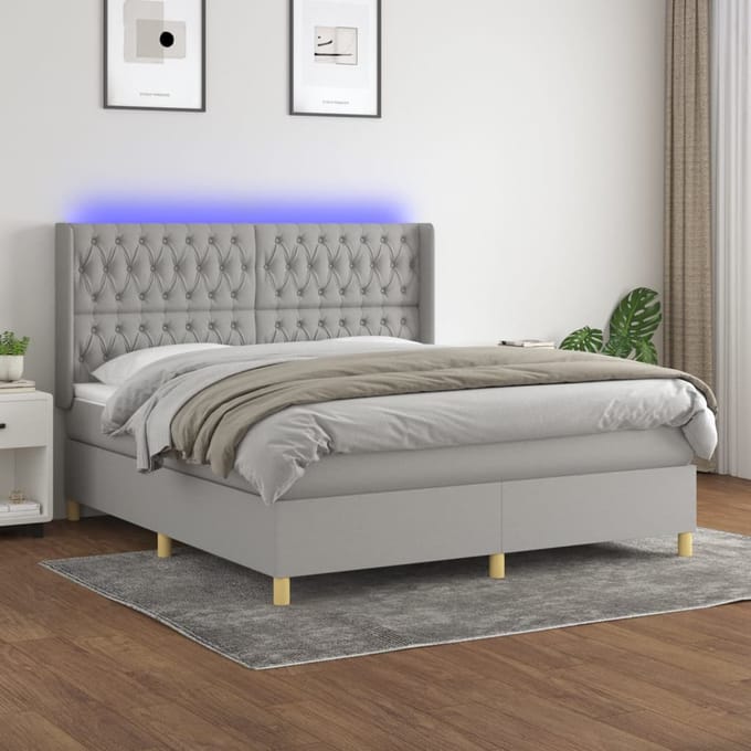 vidaXL - Boxspring - met - matras - en - LED - stof - lichtgrijs - 180x200 - cm