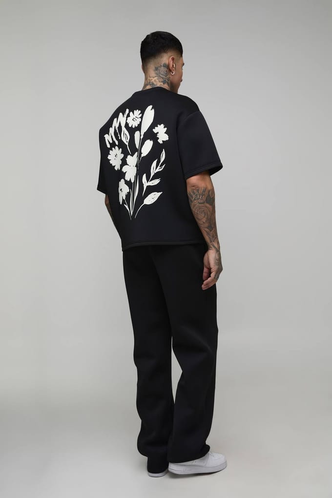Lang Oversized Boxy Bonded Scuba Doodle Bloemenprint T-shirt | Black | Size Medium