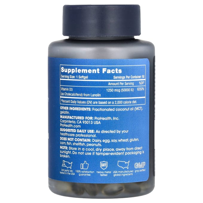 Vitamine D3, 1,250 mcg (50.000 IE), 50 Softgels