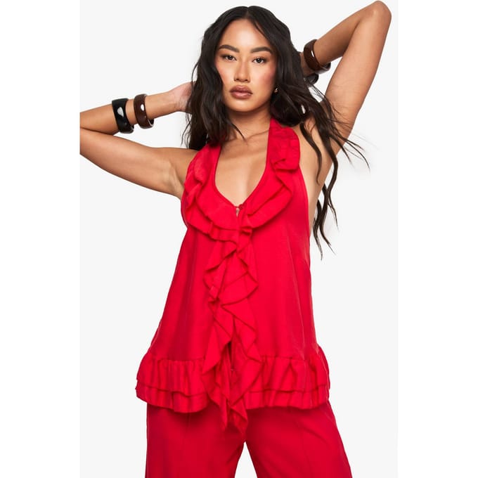 boohoo Dames Gewoven Gekreukeld Ruffle Top met Knopen | Rood | Maat: 34