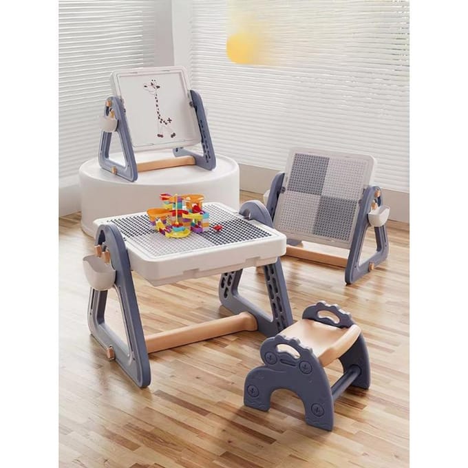 Kinder Set Stoel Studietabel Educatief Multifunctioneel Tekenbord DIY Insteekpijp Bouwsteen Tafel 35*28*18cm gray