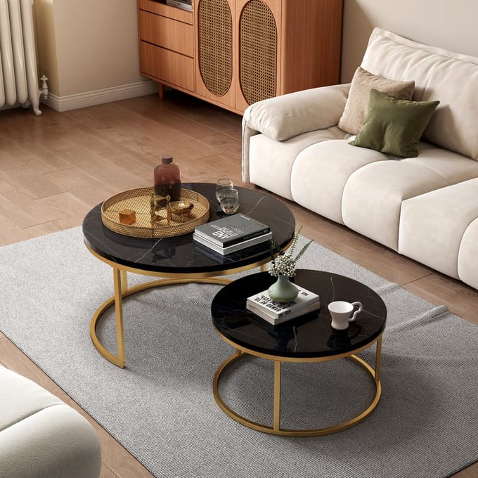 OKWISH Set Van 2 Salontafels - Modern Stapelbaar Ontwerp - MDF Tafelblad - Metaal Frame Zwart