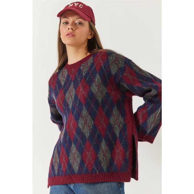 Crew Neck Slit Brei Sweater in Baklava Patroon