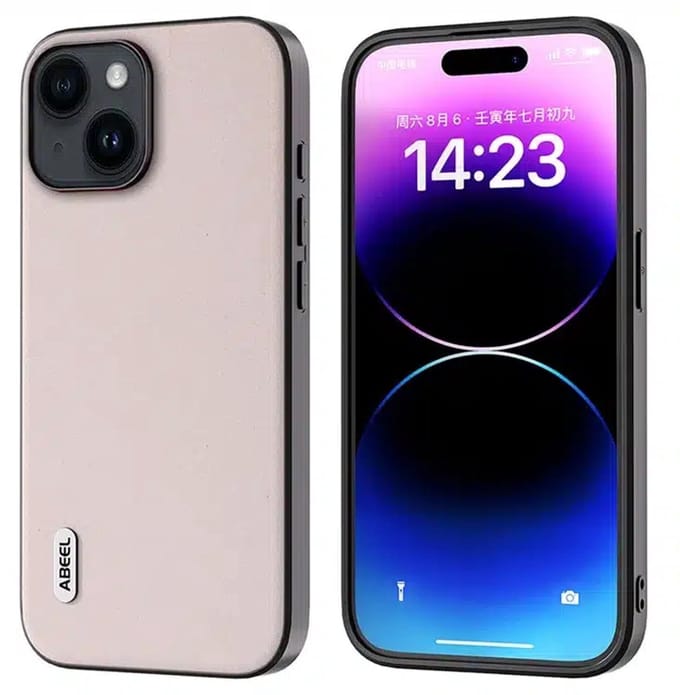 ABEEL – Backcover iPhone 14 Plus - 15 Plus – Cowhide Leer – TPU – Litchi – Anti-Scratch – Roze