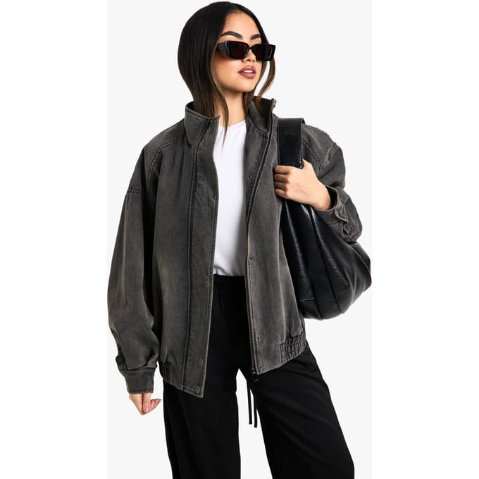 boohoo Dames Denim Oversized Bomberjas | Grijs | Maat: 38