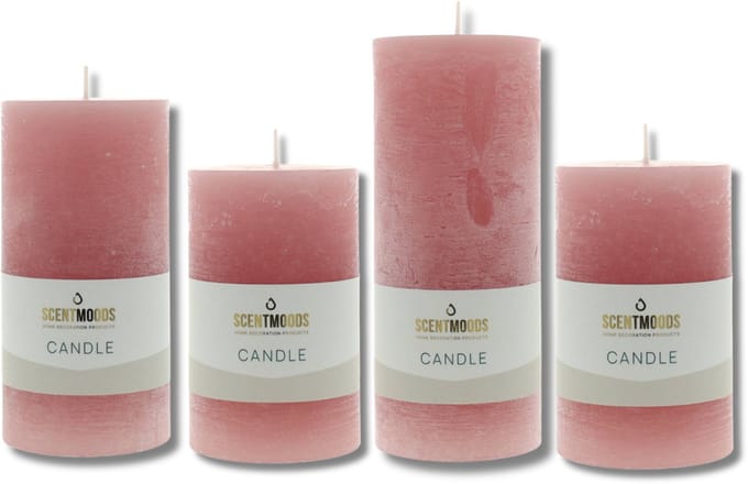 Scentmoods Rustieke Kaars Set Koraal – Set van 4 Warme Stompkaars en Dinerkaars in Zachte Roodtinten