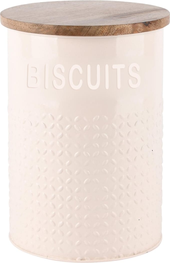 Dekoratief | Bewaarpot 'Biscuits', wit, hout/metaal, 14x14x19cm | A248223