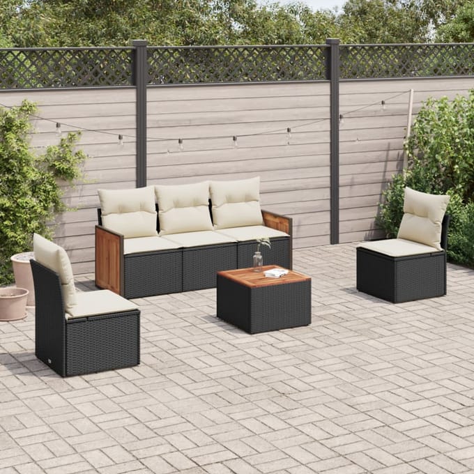 vidaXL - 6-delige - Loungeset - met - kussens - poly - rattan - zwart