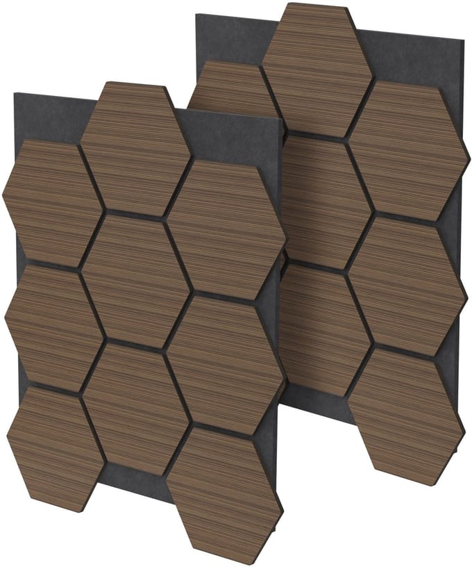 ML-Design set akoestische panelen hexagon MDF 2 stuks 66x81x2 cm bruin honingraat design geluidswerende wandpanelen geluidsabsorberende wandbekleding voor kantoor studio gaming geluidsisolatie muurdecoratie wandbekleding inclusief schroeven lijm