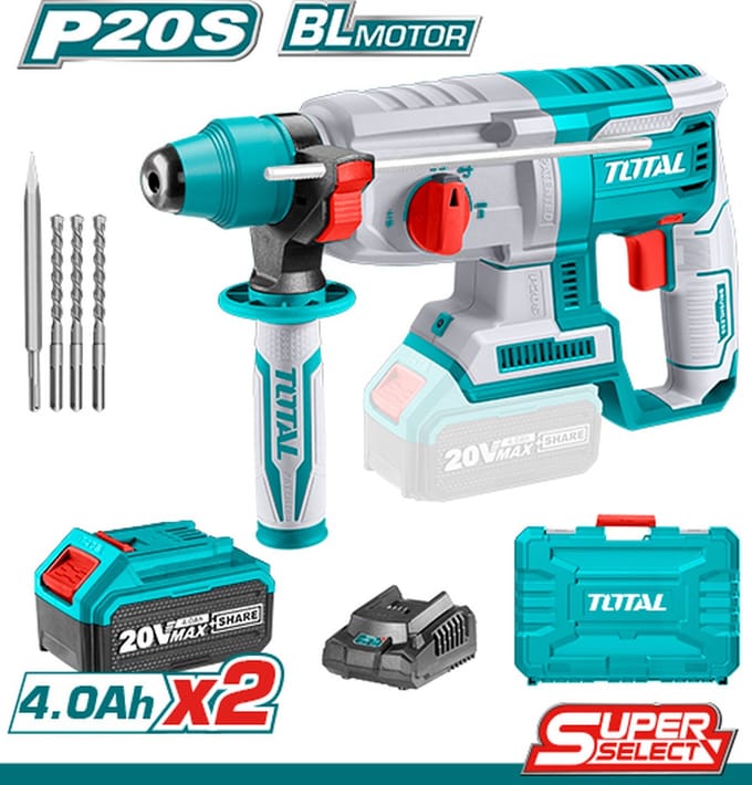 Total Tools 20V koolborstelloze boorhamer – 2,0J – set met 2x 4,0Ah accu